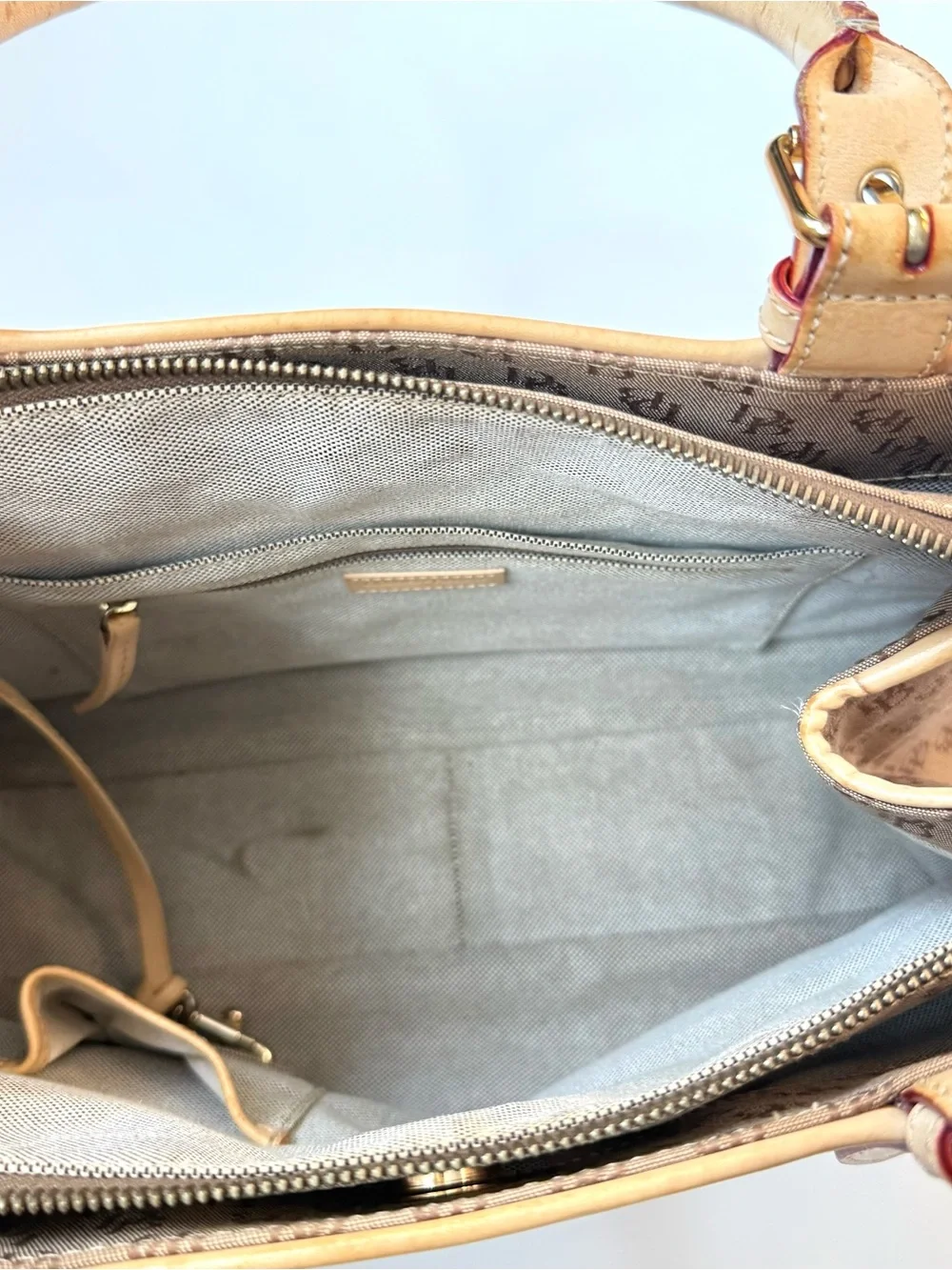 Vintage Dooney & Bourke Signature Logo Canvas Buckle Satchel Bag Tan Leather
